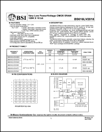 BS616LV2018DC datasheet: 70ns 16mA 2.4-3.6V ultra low power/voltage CMOS SRAM 128K x 16bit BS616LV2018DC