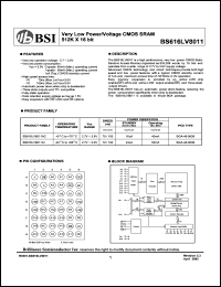 BS616LV8011AI datasheet: 70/100ns 40mA 2.7-3.6V ultra low power/voltage CMOS SRAM 512K x 16bit BS616LV8011AI