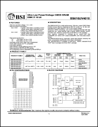BS616UV4010DC datasheet: 70/100ns 15-20mA 1.8-3.6V ultra low power/voltage CMOS SRAM 256K x 16bit BS616UV4010DC