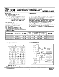 BS616UV4020DC datasheet: 70/100ns 15-20mA 1.8-3.6V ultra low power/voltage CMOS SRAM 256K x 16 or 512K x 8bit switchable BS616UV4020DC