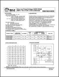 BS616UV4020DI datasheet: 70/100ns 15-20mA 1.8-3.6V ultra low power/voltage CMOS SRAM 256K x 16 or 512K x 8bit switchable BS616UV4020DI