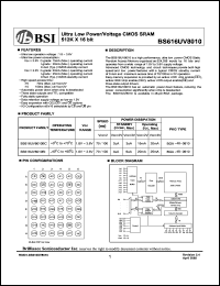 BS616UV8010BI datasheet: 70/100ns 15-20mA 1.8-3.6V ultra low power/voltage CMOS SRAM 512K x 16bit BS616UV8010BI