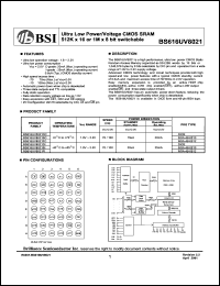 BS616UV8021DC datasheet: 70/100ns 15-20mA 1.8-2.3V ultra low power/voltage CMOS SRAM 512K x 16 or 1M x 8bit switchable BS616UV8021DC