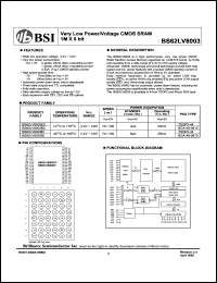 BS62LV8003EI datasheet: 70/100ns 20mA 2.4-3.6V very low power/voltage CMOS SRAM 1M x 8bit BS62LV8003EI