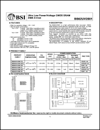 BS62UV2001STI datasheet: 70/100ns 15-20mA 1.8-3.6V ultra low power/voltage CMOS SRAM 256K x 8bit BS62UV2001STI