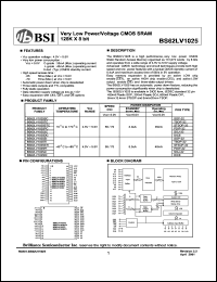 BS62LV1025SI datasheet: 55/70ns 35mA 4.5-5.5V very low power/voltage CMOS SRAM 128K x 8bit BS62LV1025SI