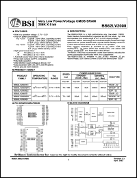 BS62LV2000TC datasheet: 70/100ns 20-40mA 2.7-5.5V very low power/voltage CMOS SRAM 256K x 8bit BS62LV2000TC