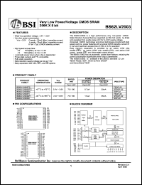 BS62LV2003TC datasheet: 70/100ns 20mA 2.4-3.6V very low power/voltage CMOS SRAM 256K x 8bit BS62LV2003TC