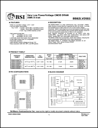 BS62LV2003STC datasheet: 70/100ns 20mA 2.4-3.6V very low power/voltage CMOS SRAM 256K x 8bit BS62LV2003STC