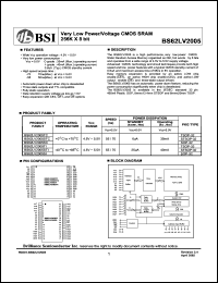 BS62LV2005TI datasheet: 55/70ns 35mA 4.5-5.5V very low power/voltage CMOS SRAM 256K x 8bit BS62LV2005TI