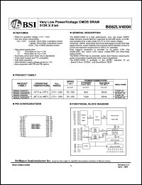 BS62LV4000STC datasheet: 70/100ns 20mA 2.7-3.6V very low power/voltage CMOS SRAM 512K x 8bit BS62LV4000STC