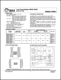 BS62LV4001EC datasheet: 70/100ns 20-45mA 2.4-5.5V low power/voltage CMOS SRAM 512K x 8bit BS62LV4001EC