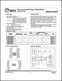BS62UV4000STI datasheet: 70/100ns 15-20mA 1.8-3.6V ultra low power/voltage CMOS SRAM 512K x 8bit BS62UV4000STI