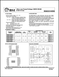 BS62UV4000SI datasheet: 70/100ns 15-20mA 1.8-3.6V ultra low power/voltage CMOS SRAM 512K x 8bit BS62UV4000SI