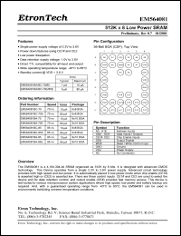 EM564081BC-70E datasheet: 70ns 512K x 8 low power SRAM EM564081BC-70E