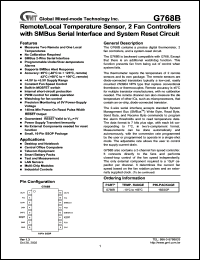 G768B datasheet: Remote/local temperature sensor, 2 fan controller with SMB serial interface and system reset circuit G768B