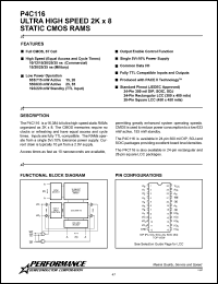 P4C116-15PC datasheet: 15 ns,Static CMOS RAM, 2 K x 8 ultra high speed P4C116-15PC