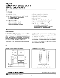 P4C116-10JC datasheet: 10 ns,Static CMOS RAM, 2 K x 8 ultra high speed P4C116-10JC