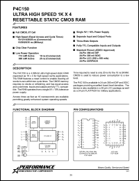 P4C150-10PC datasheet: 10 ns,resettable static CMOS RAM, 1 K x 4 ultra high speed P4C150-10PC