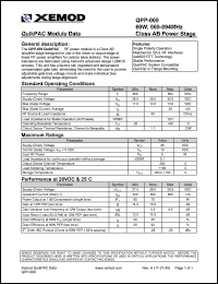 QPP-009 datasheet: QuikPAC module data. 60W, 869-894 MHz, Class AB power stage. QPP-009