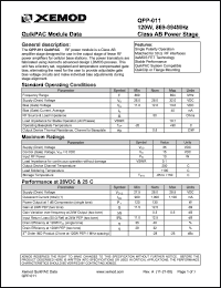 QPP-011 datasheet: QuikPAC module data. 120W, 869-894 MHz, Class AB power stage. QPP-011