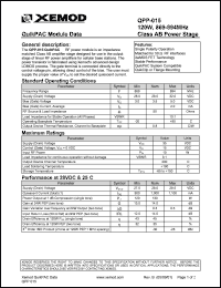 QPP-015 datasheet: QuikPAC module data. 120W, 869-894 MHz, Class AB power stage. QPP-015