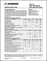 QPP-018 datasheet: QuikPAC module data. 200W, 869-894 MHz, Class AB power stage. QPP-018