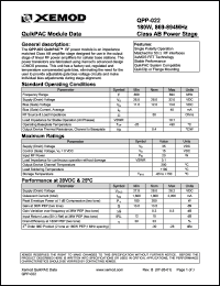 QPP-022 datasheet: QuikPAC module data. 180W, 869-894 MHz, Class AB power stage. QPP-022