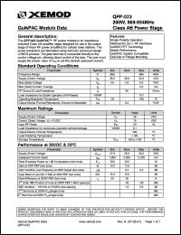 QPP-023 datasheet: QuikPAC module data. 200W, 869-894 MHz, Class AB power stage. QPP-023