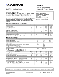 QPP-026 datasheet: QuikPAC module data. 200W, 925-960 MHz, Class AB power stage. QPP-026