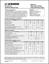 QPP-034 datasheet: QuikPAC module data. 200W, 832-870 MHz, Class AB power stage. QPP-034