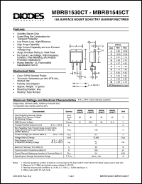 MBRB1545CT datasheet: 45V; 15A surface mount schottky barrier rectifier. Guard ring die construction for transient protection MBRB1545CT