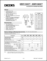 MBR1530CT datasheet: 30V; 15A schottky barrier rectifier. For use in low voltage, high frequency inverters, free wheeling and polarity protection application MBR1530CT