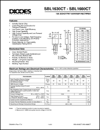SBL1630CT datasheet: 30V; 16A schottky barrier rectifier. For use in low voltage, high frequency inverters, free wheeling and polarity protection application SBL1630CT