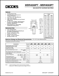 MBR4045PT datasheet: 45V; 40A schottky barrier rectifier. For use in low voltage, high frequency inverters, free wheeling and polarity protection application MBR4045PT