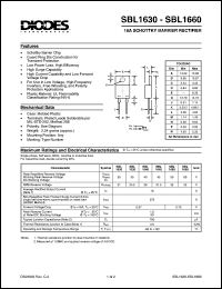 SBL1630 datasheet: 30V; 16A schottky barrier rectifier. For use in low voltage, high frequency inverters, free wheeling and polarity protection applications SBL1630