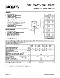 SBL1630PT datasheet: 30V; 16A schottky barrier rectifier. For use in low voltage, high frequency inverters, free wheeling and polarity protection applications SBL1630PT