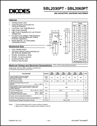 SBL2035PT datasheet: 35V; 20A schottky barrier rectifier. For use in low voltage, high frequency inverters, free wheeling and polarity protection applications SBL2035PT