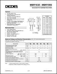 MBR1030 datasheet: 30V; 10A schottky barrier rectifier. For use in low volatge, high frequency inverters, free wheeling and polarity protection applications MBR1030