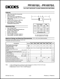 PR1001G datasheet: 50V; 1.0A fast recovery glass passivated rectifier; fast switching for high efficiency PR1001G