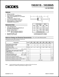 1N5399 datasheet: 1000V; 1.5A rectifier; high current capability and low forward voltage drop 1N5399