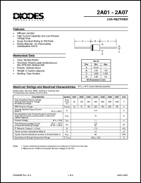 2A07 datasheet: 1000V; 2.0A rectifier; diffused junction; high current capability and low forward voltage drop 2A07