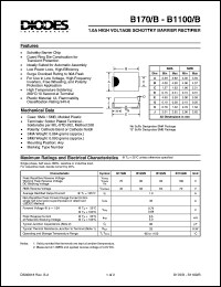 B170/B datasheet: 70V; 1.0A high voltage schottky barrier rectifier. For use in low voltage, high frequency inverters, free wheeling and polarity protection application B170/B