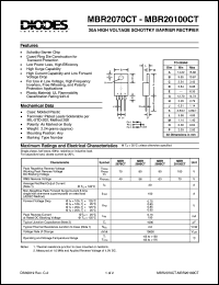 MBR2070CT datasheet: 100V; 20A high voltage schottky barrier rectifier. For use in low voltage, high frequency inverters, free wheeling and polarity protection application MBR2070CT