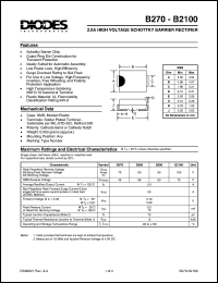 B270 datasheet: 70V; 2.0A high voltage schottky barrier rectifier. For use in low voltage, high frequency inverters, free wheeling and polarity protection application B270