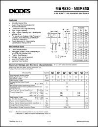 MBR830 datasheet: 30V; 8.0A schottky barrier rectifier for use in low voltage, high frequency inverters, free wheeling and polarity protection applications MBR830