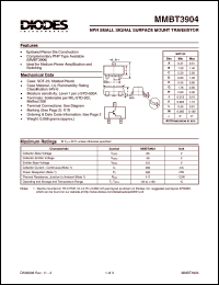 MMBT3904 datasheet: 60V; 200mA NPN small signal surface mount transistor. Ideal for medium power application and switching MMBT3904