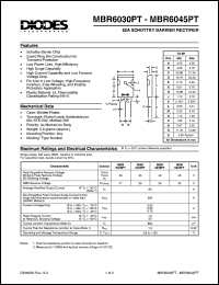 MBR6040PT datasheet: 40V; 60A schottky barrier rectifier. For use in low voltage, high frequency inverters, free wheeling and polarity protection application MBR6040PT