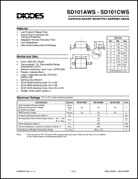 SD101CWS datasheet: 40V; 15mA surface mount schottky barrier diode. Guard ring construction for transient protection SD101CWS