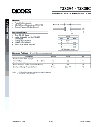 TZX2V4A datasheet: 2.3-2.5V; 500mW; 5.0mA epitaxial planar zener diode. General purpose, medium current TZX2V4A